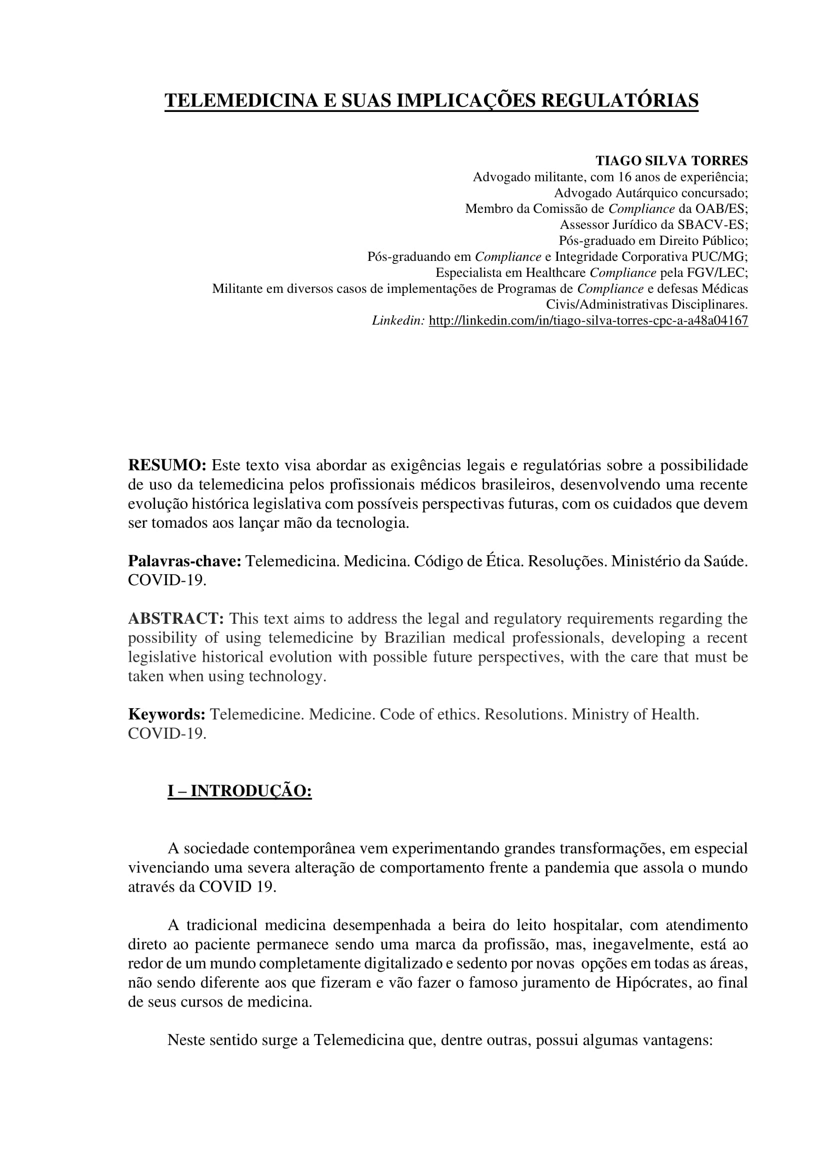 Artigo sobre Telemedicina e suas implicações regulatórias - Tiago Torres-01